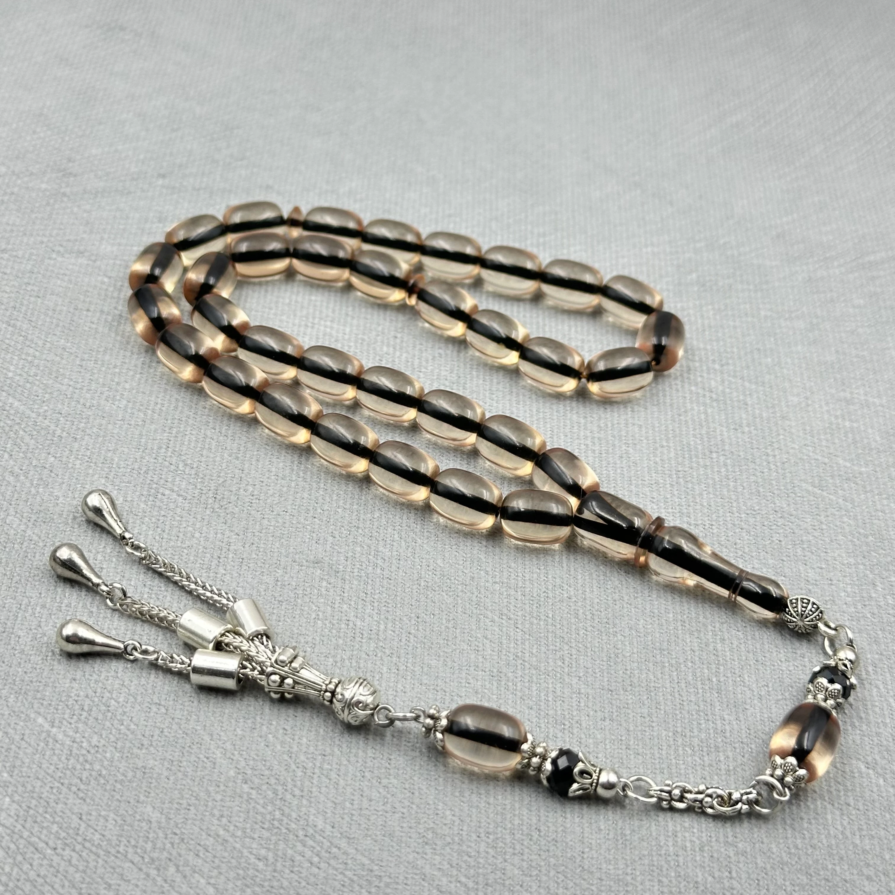 Alpaka Püsküllü Buğulu Hamur Şeffaf Ateş Kehribar Tespih